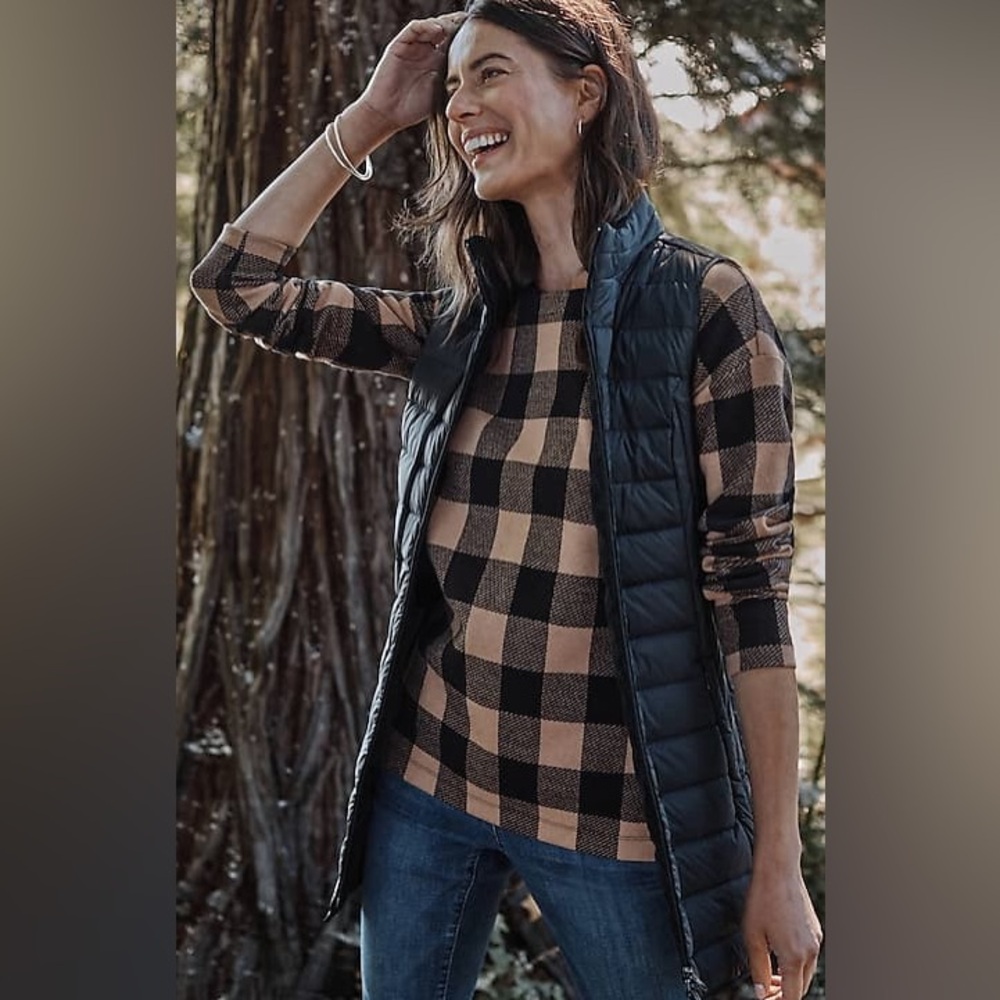 J JILL NWT L Buffalo Check Jacquard Knit Top in Camel Black • Holiday Plaid